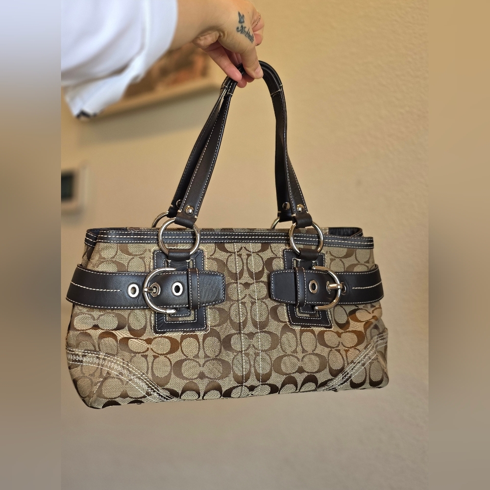 Coach Tan and Black Signature Shoulder Bag